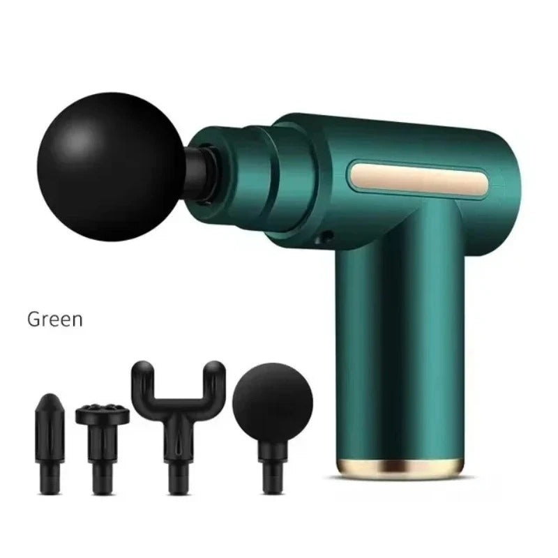 Electric massage gun, 4-piece deep tissue percussion massage tool, relaxes muscles in body parts and relieves pain.