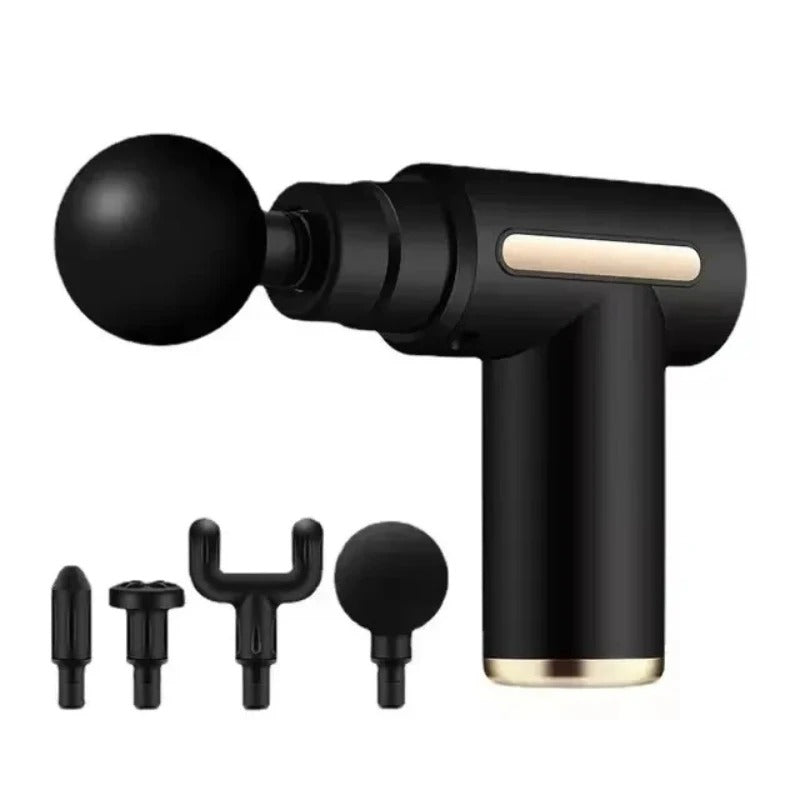 Electric massage gun, 4-piece deep tissue percussion massage tool, relaxes muscles in body parts and relieves pain.